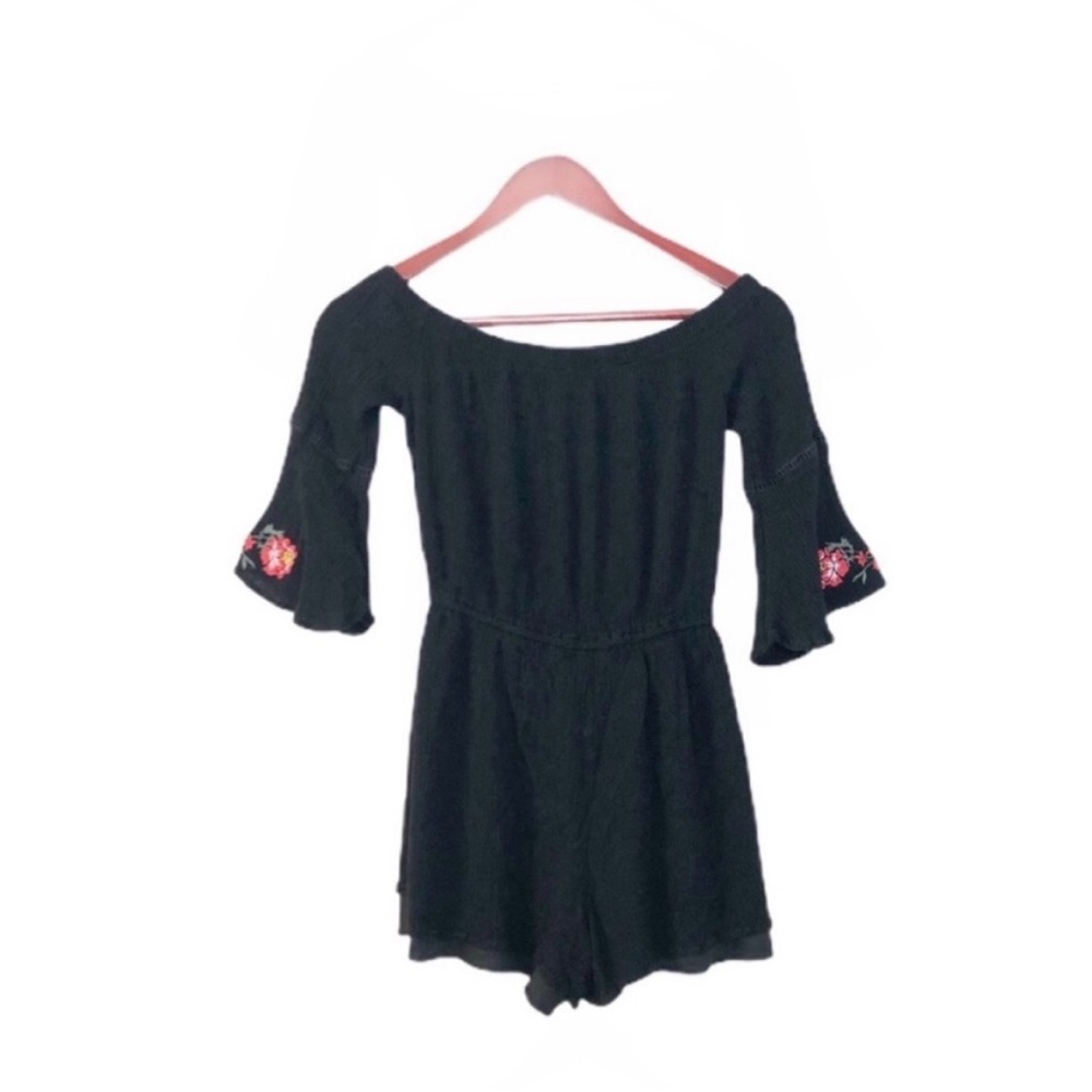 Love Fire Black Pink Floral Embroidered Long Sleeve Romper Jumpsuit